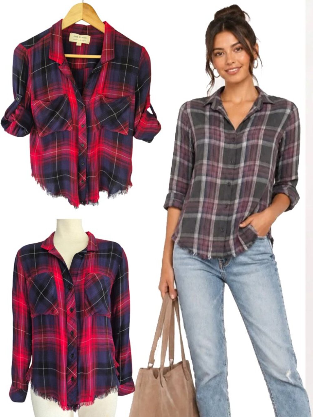 Cloth & Stone Casual Plaid Button-Up Shirt Tabbed Sleeves Bright Red Navy Blue